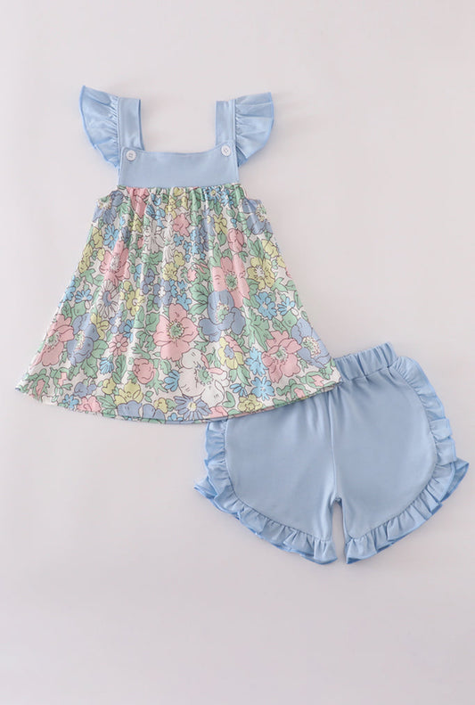 Blue Floral Print Girl’s Ruffle Shorts Set