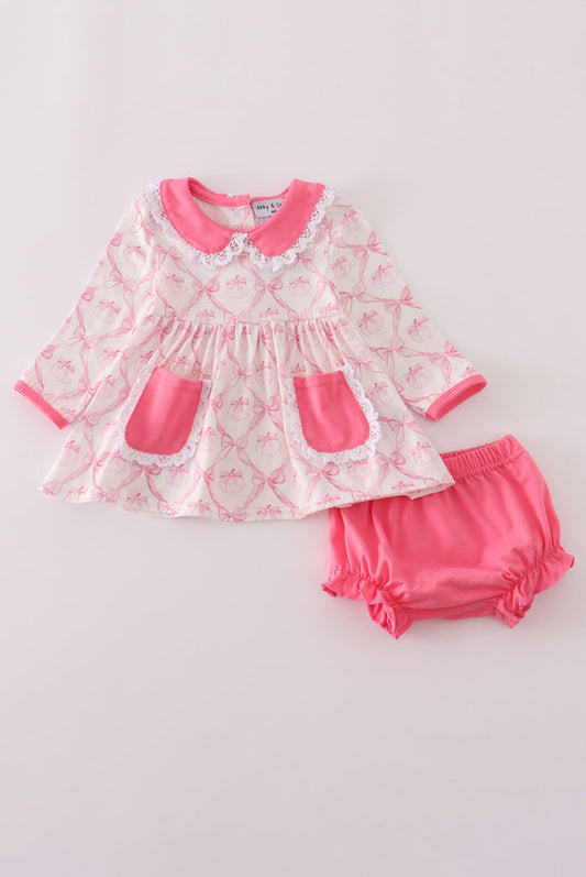 Pink Bow Tie Pumpkin Print Girl’s Bloomer Set