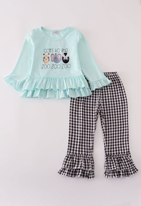 Blue GOING TO THE ZOO Embroidery Ruffle Girl’s Pants Set