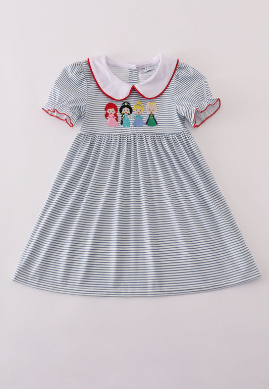 Blue Princess Embroidery Stripe Dress