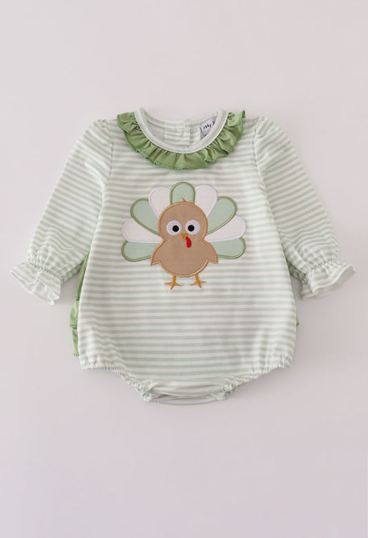 Sage Turkey Appliqué Stripe Ruffle Girl’s Bubble
