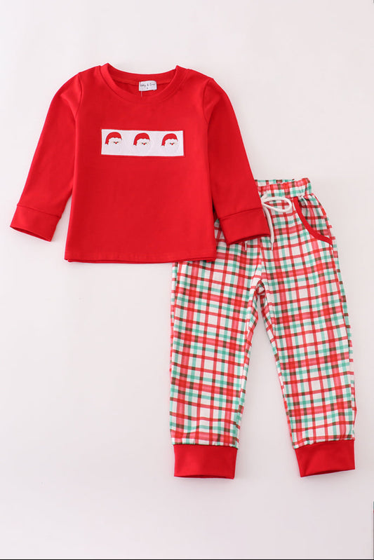 Red Santa Claus Embroidery Plaid Boy’s Pants Set