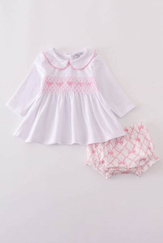 Pink Bow Smocked Girl’s Bloomer Set