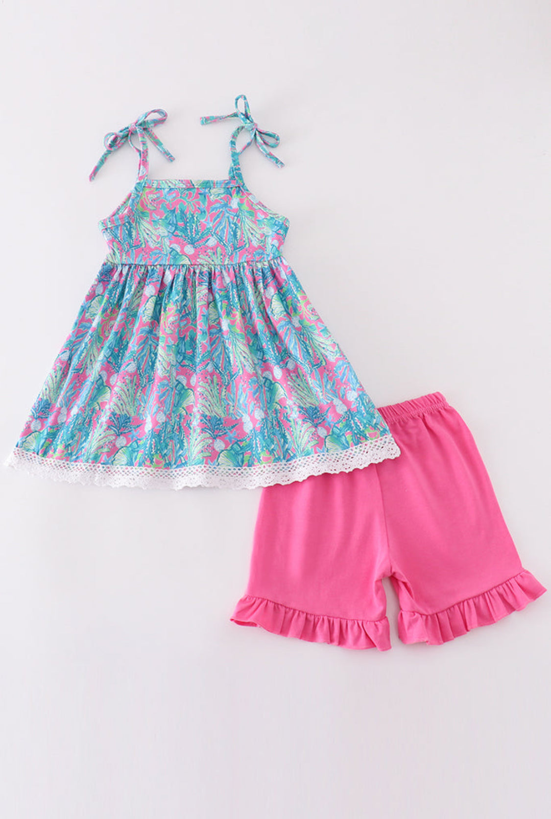 Green Jungle Bloom Tiered Girl’s Short Set