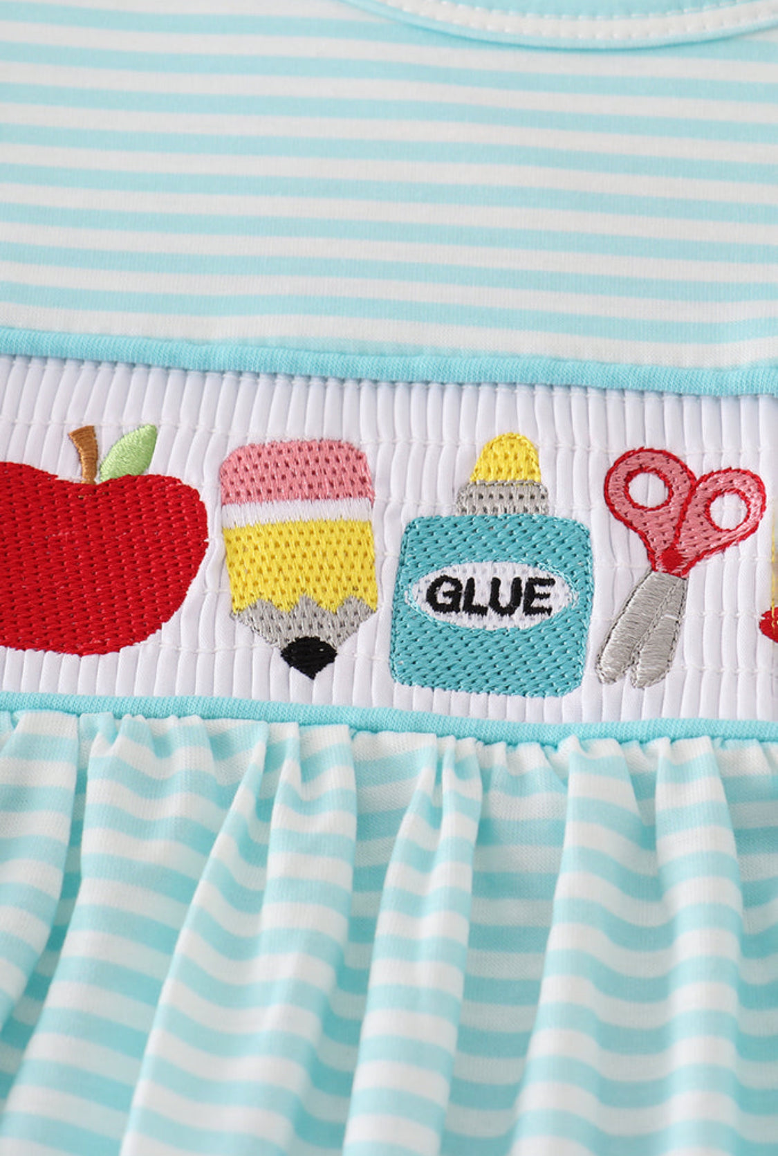 Blue Apple Pencil Bus Embroidery Smocked Girl’s Short Set