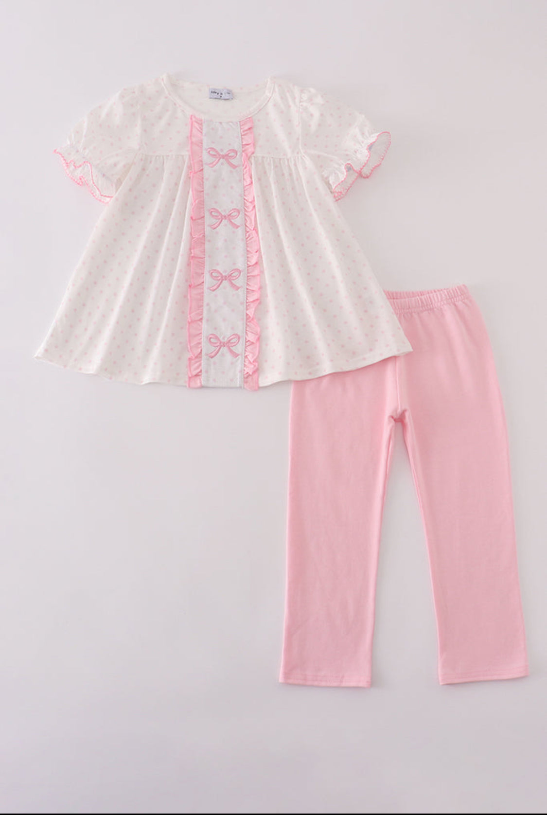 Pink Bow Embroidery Dot Ruffle Girl’s Pants Set