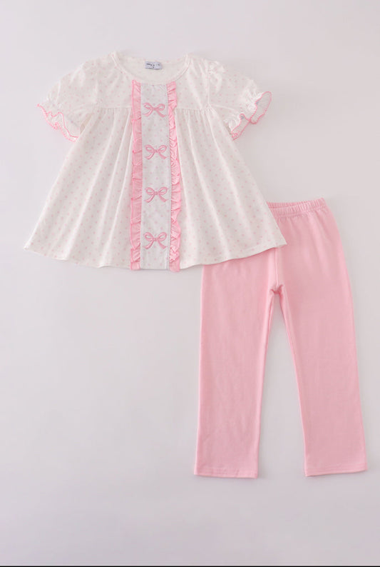 Pink Bow Embroidery Dot Ruffle Girl’s Pants Set