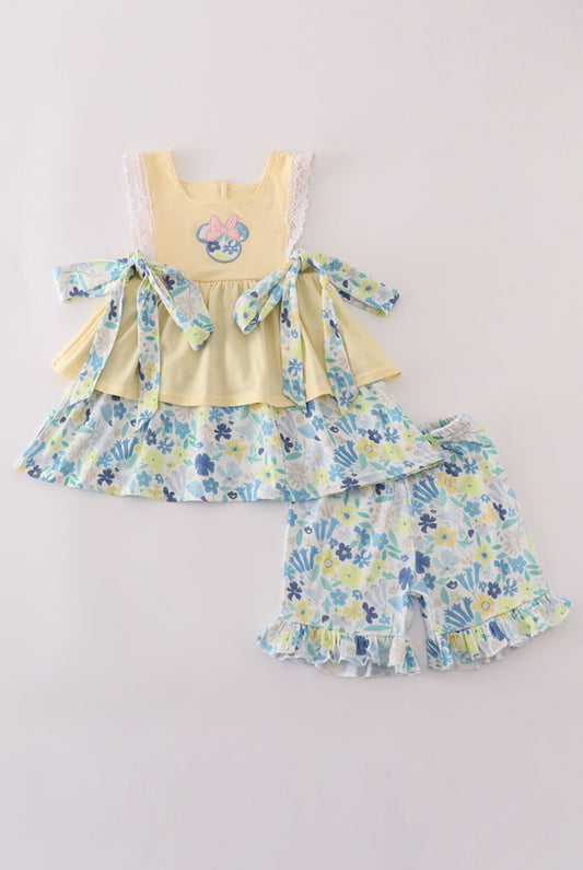 Yellow Floral Character Appliqué Girl’s Short Set