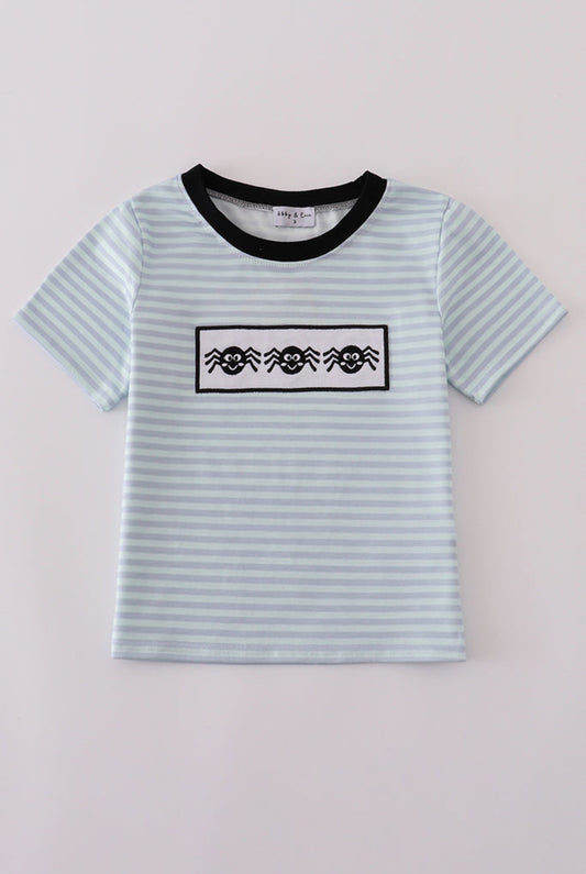 Blue Halloween Spider Embroidery Stripe Boy’s Top