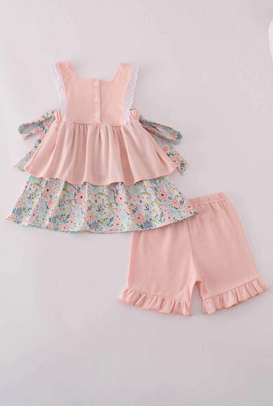 Pink Floral Character Appliqué Ruffle Girl’s Short Set