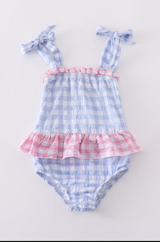 Blue Seersucker Gingham 1pc Girl’s Swimsuit