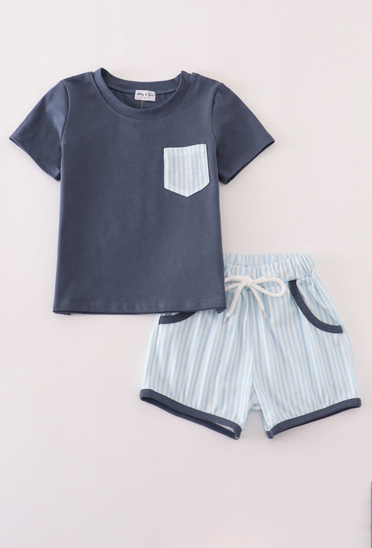 Blue Stripe Pocket Boy’s Short Set