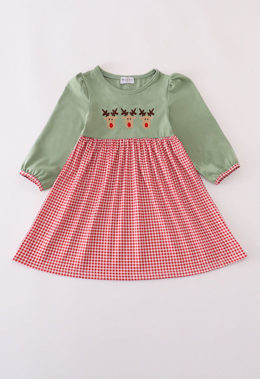 Green Reindeer Embroidery Dress