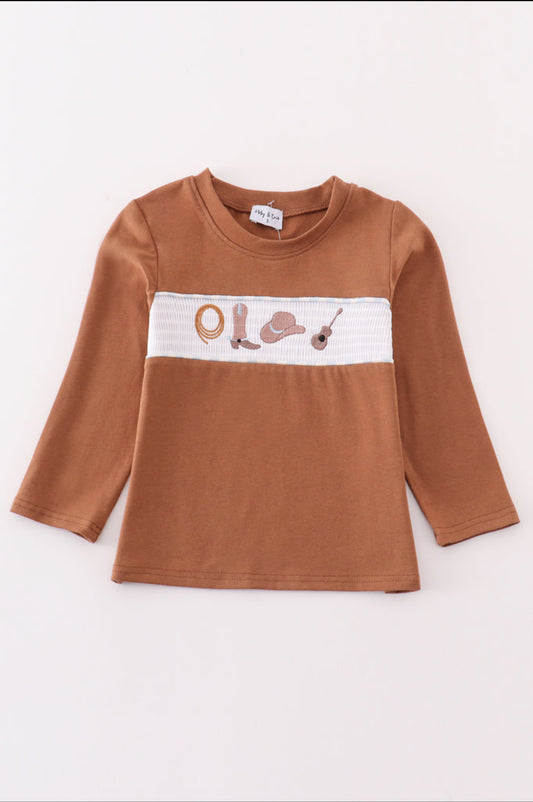 Brown Dot Smocked Western Embroidery Boy’s Top