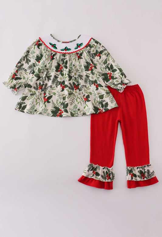 Green Holly Floral Smocked Ruffle Girl’s Pants Set