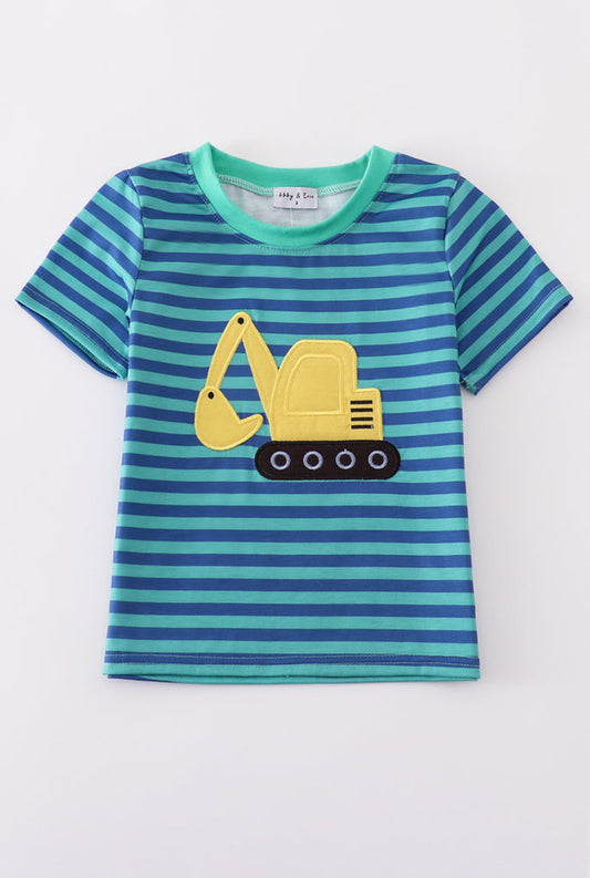 Teal Stripe Excavator Appliqué Boy’s Top