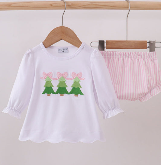 Pink Christmas Tree Embroidery Girl’s Bloomer Set