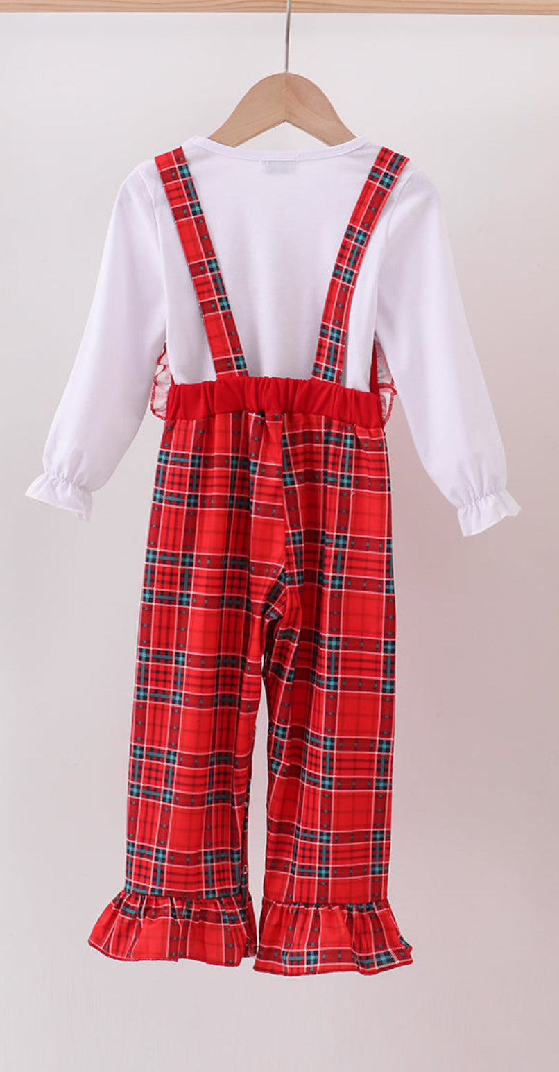 Red Tree Embroidery Plaid Ruffle Girl’s Jumpsuit Set