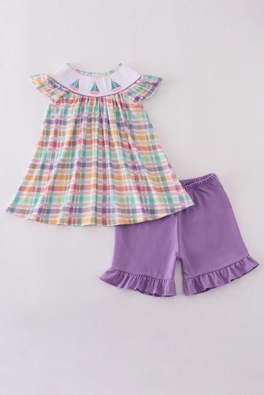 Purple Sailboats Embroidery Girl’s Ruffle Shorts Set