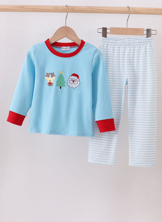 Blue Deer Tree Santa Embroidery Boy’s Pants Set