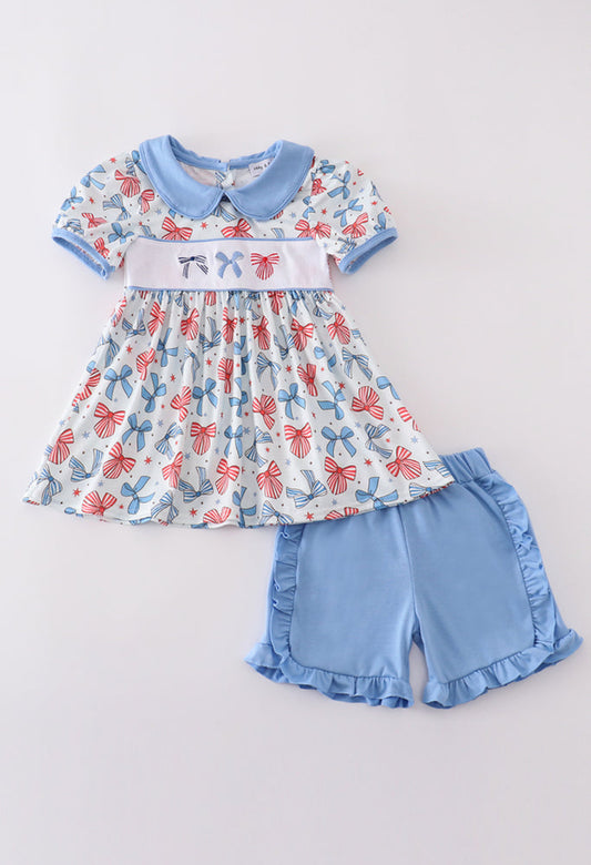 Bow Trellis Print Embroidery Girl’s Short Set