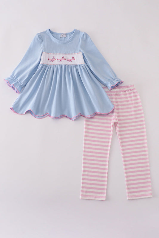 Blue Airplane Embroidery Stripe Ruffle Girl’s Pant Set