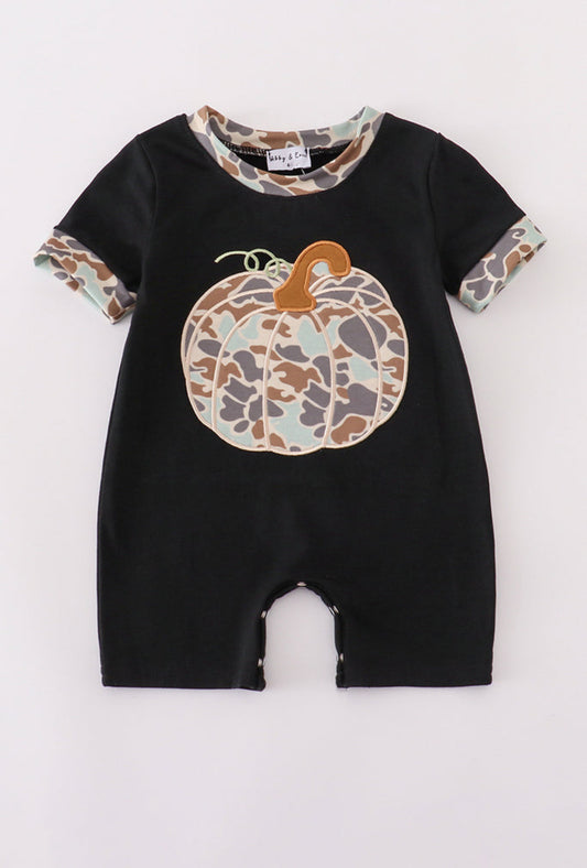 Black Camouflage Pumpkin Appliqué Boy’s Romper