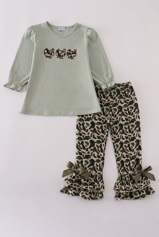 Sage Camouflage Turkey Applique Ruffle Girl’s Pants Set