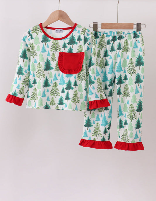 Green Christmas Tree Print Ruffle Girl’s Pajamas Set