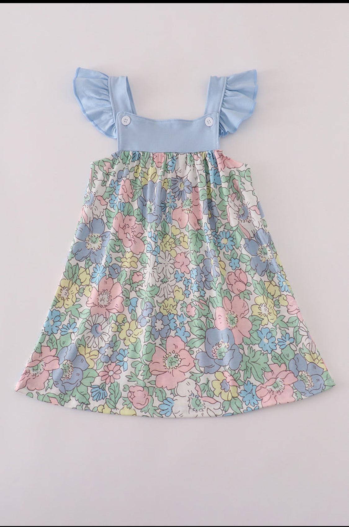 Blue .Floral Print Appliqué Girl’s Ruffle Dress
