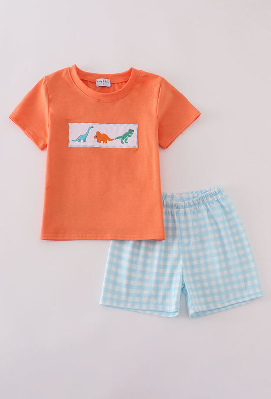 Blue Dinosaur Embroidery Gingham Boy’s Short Set