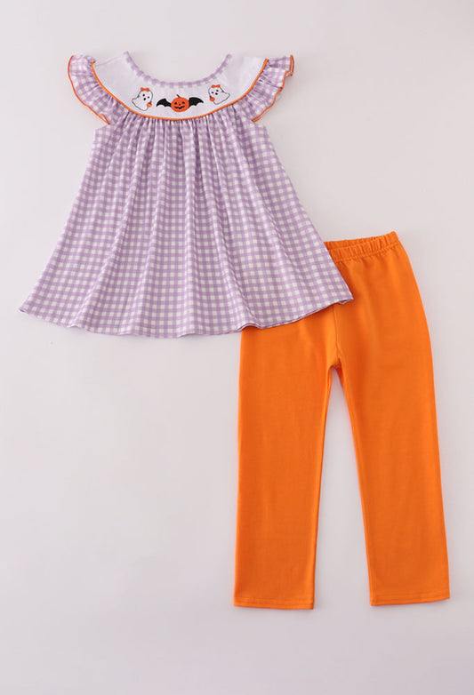 Purple Halloween Pumpkin Ghost Embroidery Girl’s Pants Set
