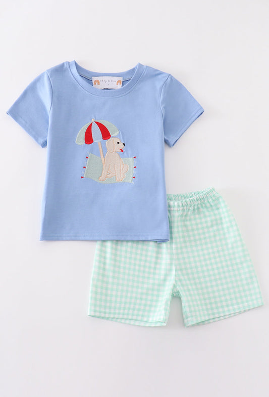 Blue Beach Puppy Embroidery Boy’s Set