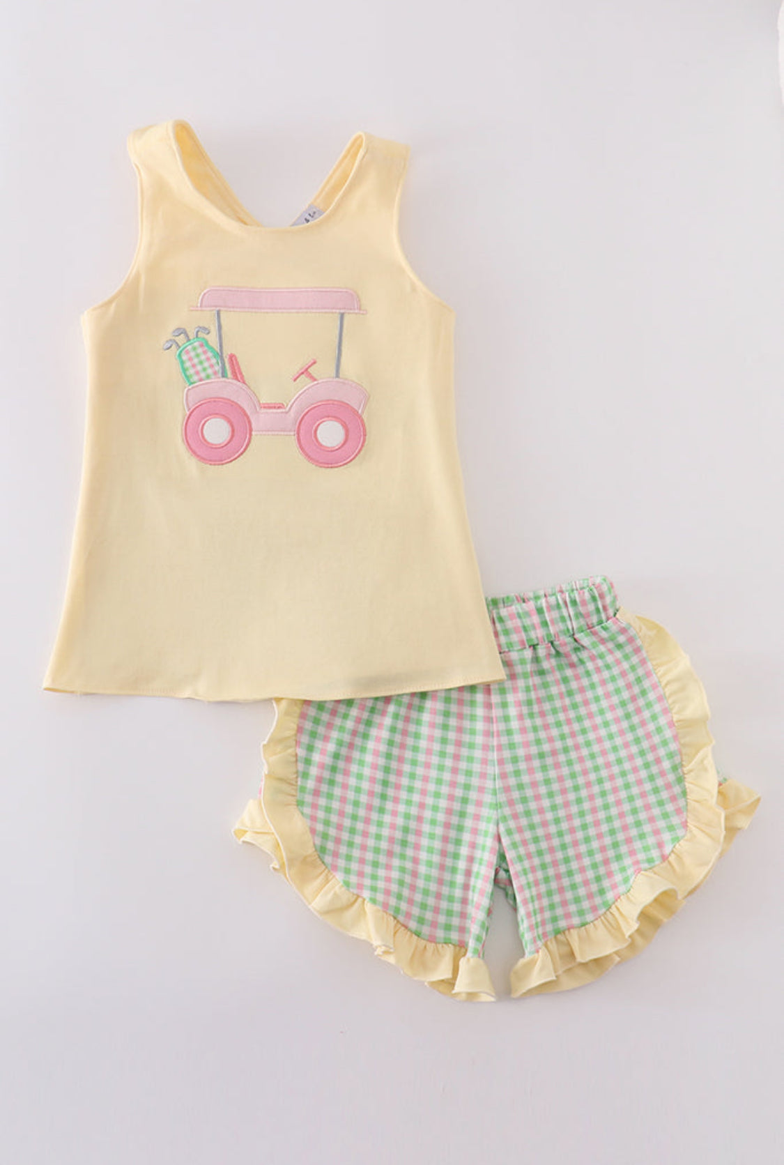 Yellow Golf Cart Appliqué Gingham Girl’s Ruffle Short Set