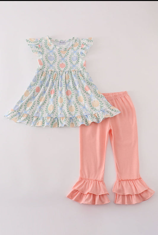Green Bow Print Girl’s Ruffle Pants Set