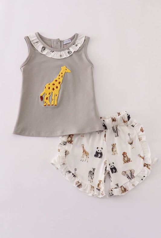 Grey Zoo Print Ruffle Girl’s Short Set
