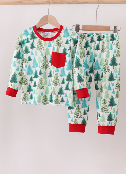 Green Christmas Tree Print Boy’s Pajamas Set