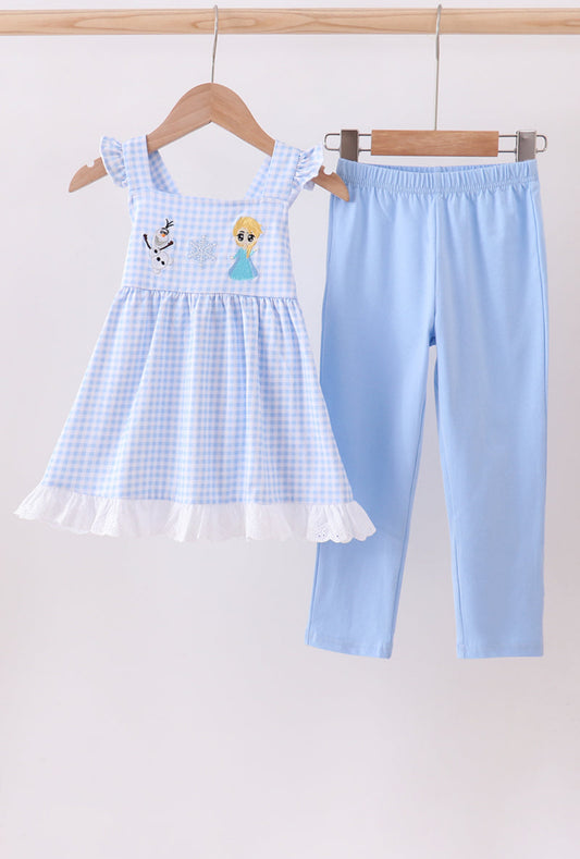 Premium Blue Snowman Embroidery Gingham Ruffle Girl’s Pants Set