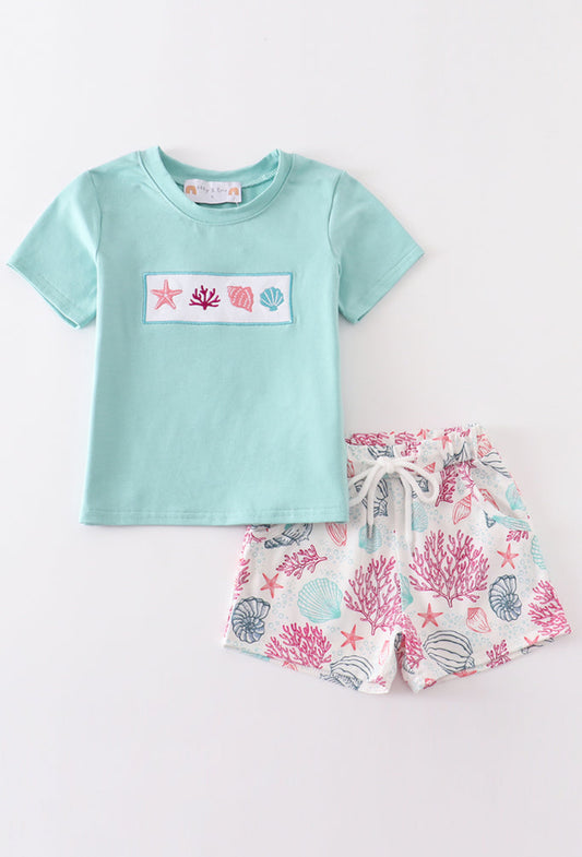 Mint Shell Embroidery Boy Set