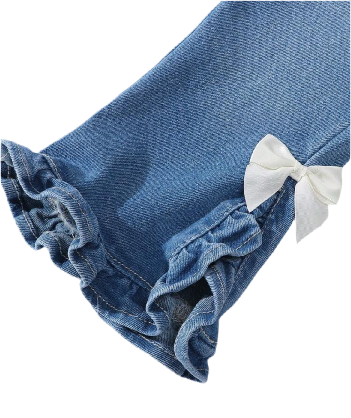 Girl’s Light Wash Denim Jeans with Ruffled Hem and Bow Accents