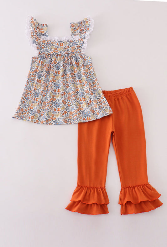 Fall Floral Print Girl’s Pants Set