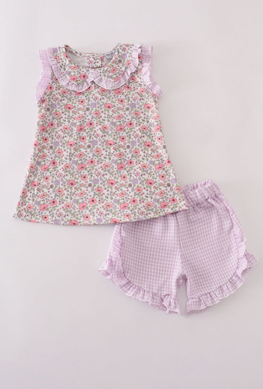 Purple Floral Print Ruffle Short Set