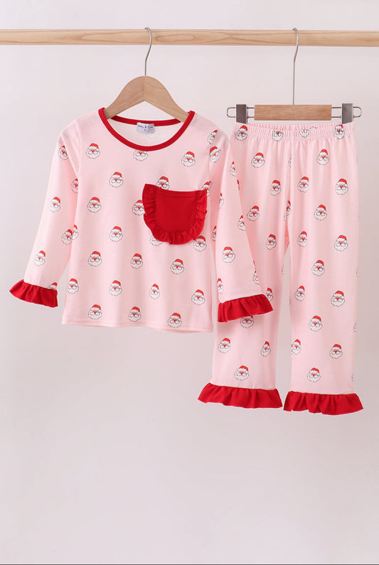 Christmas Santa Claus Print Ruffle Girl’s Pajamas Pants Set