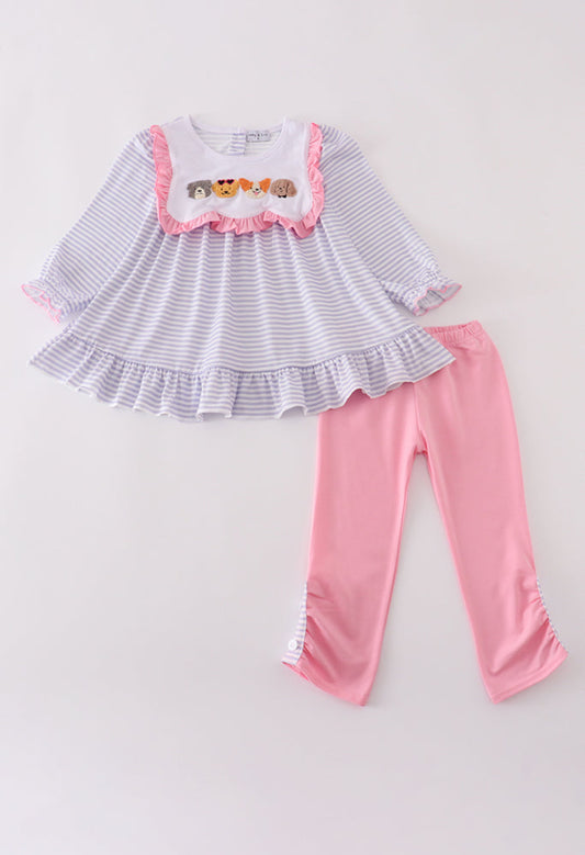 Purple Puppy French Knot Stripe Girl’s Pants Set