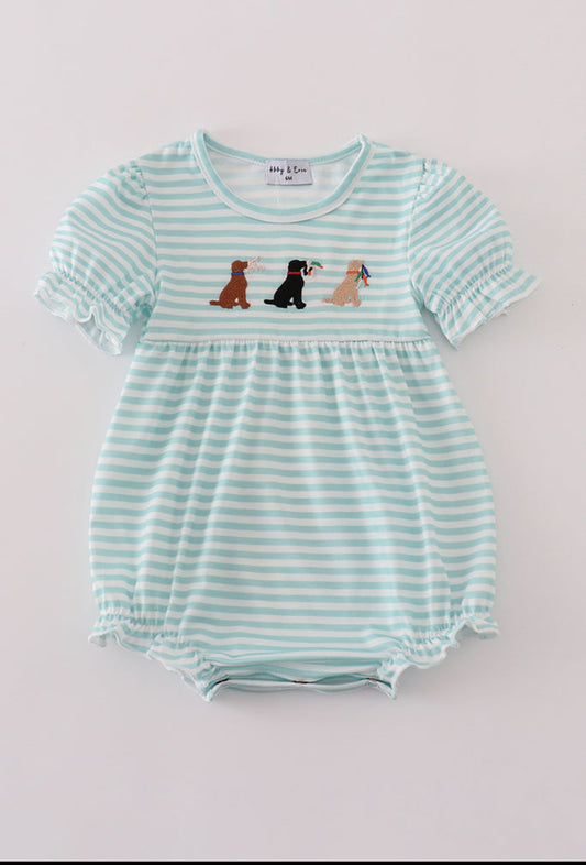 Green Stripe Puppy Hunting Embroidery Girl’s Bubble Hu