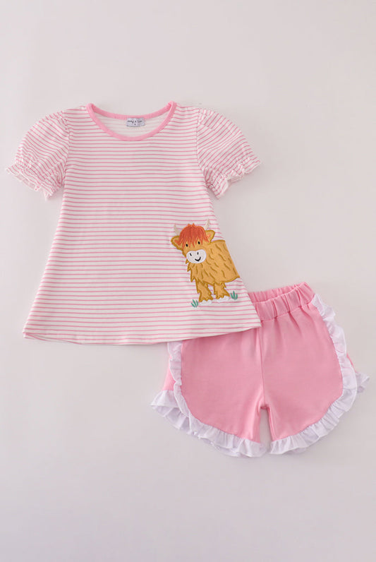 Pink Stripe Buffalo Appliqué Ruffle Girl’s Shorts Set