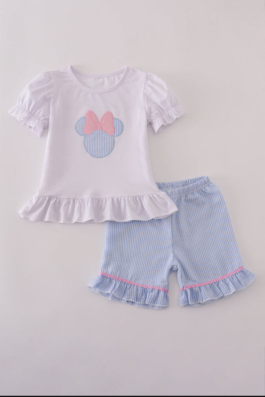 Blue Character Appliqué Bow Girl’s Ruffle Short Set