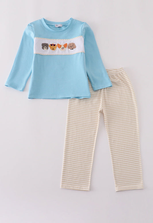 Blue Puppy French Knot StripedBoy’s Pants Set