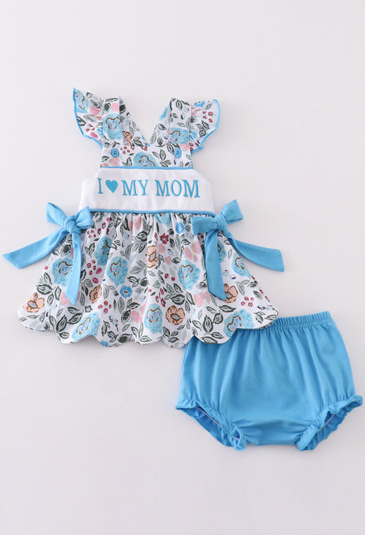 Premium Blue Floral I Love Mom Embroidery Girl’s Bloomer Set