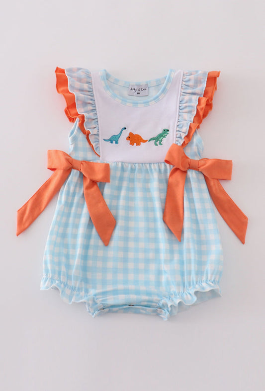 Blue Dinosaur Embroidery Ruffle Gingham Girl’s Bubble